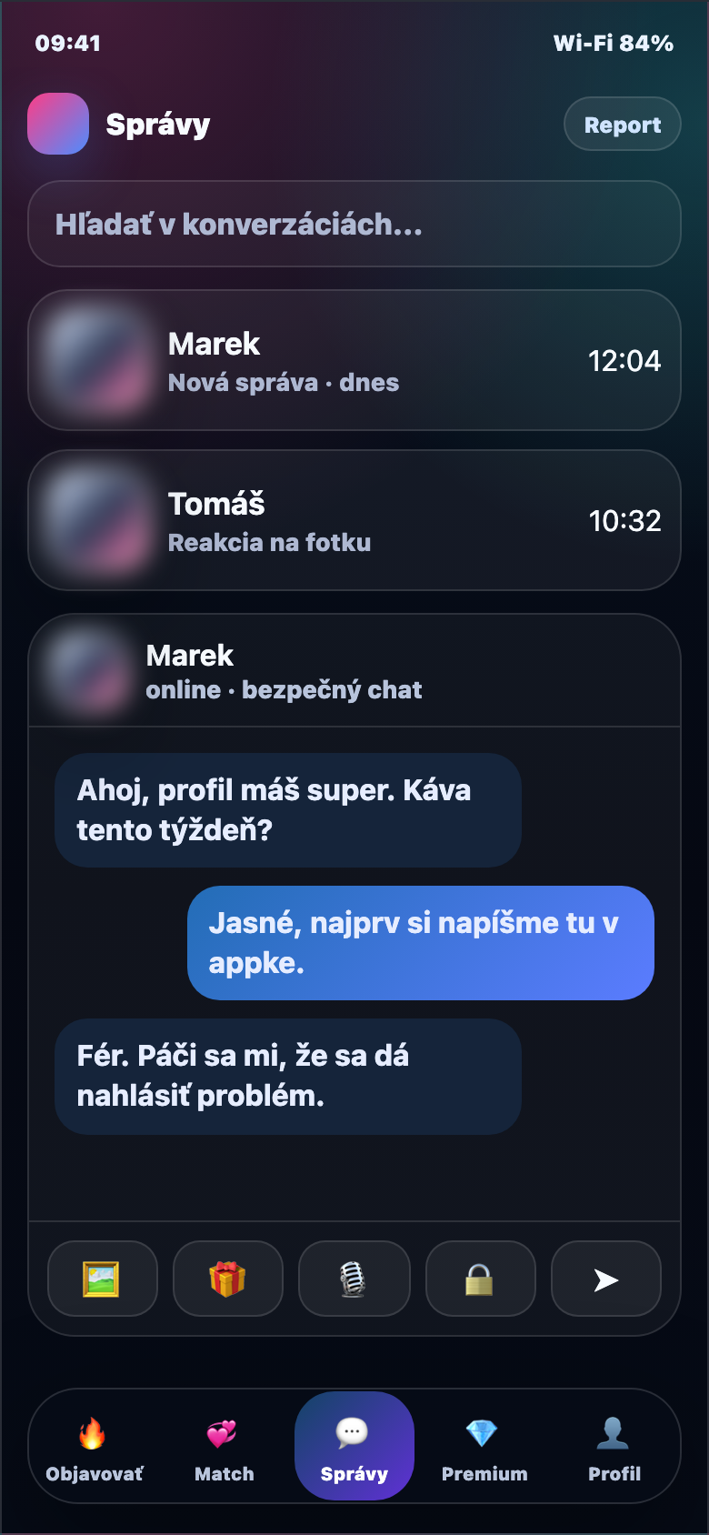 Anonymizovaná ukážka správ, reakcií a chatu v GayZoznamke