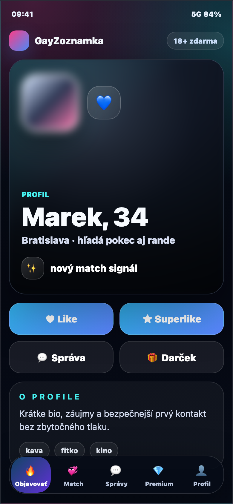 Anonymizovaná ukážka obrazovky Objavovať v aplikácii GayZoznamka